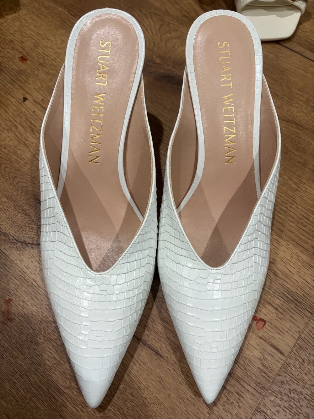 Stuart Weitzman White Croc-Embossed Pointed Mule Slides